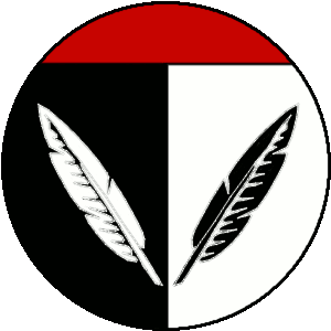 Badge of the Chronicler's Office: Per pale sable and argent, two quills conjoined in pile counterchanged, a chief gules.