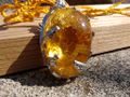Amber pendant in pewter bee setting, honeycomb pattern visible through amber piece. All work by hand, Dominican amber shaped from raw chunk, pewter cast in hand-carved soapstone mold.