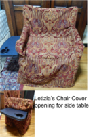 Letizia da Venezia's chair cover: Made from upholstery fabric [undetermined content but was washable]. The challenge was to make a pocket for the fold-up side table attached to the chair & have the medallions match.