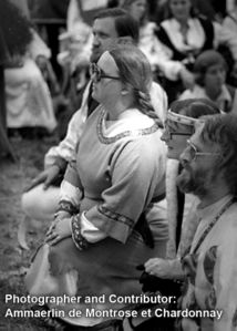 Waldt and Alison swearing fealty as Baron and Baroness of Dreiburgen at Purgatorio Coronation AS XII 1977.jpg